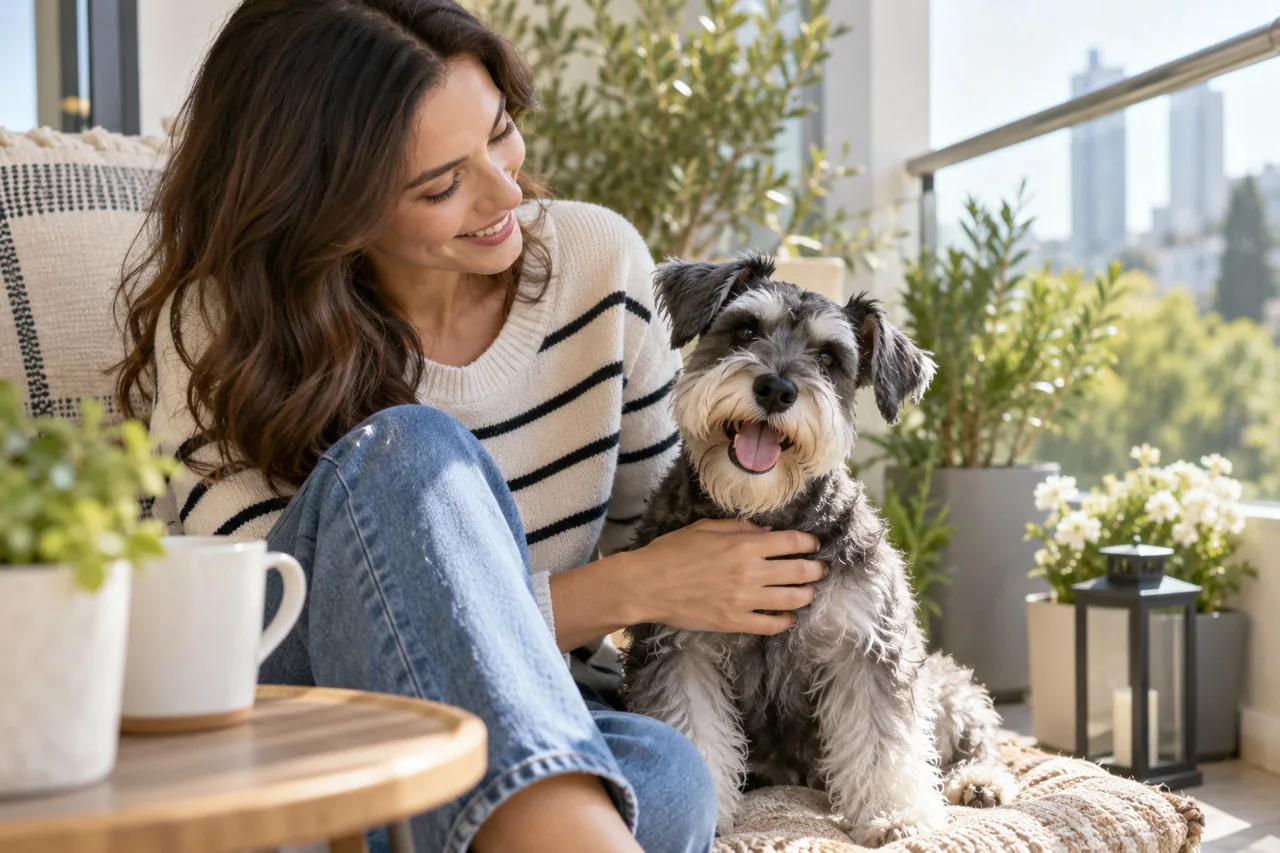 Owner sitting beside a gray bearded dog indoors